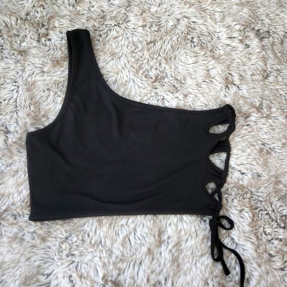 SHEIN Tops - SHEIN Ribbed Asymmetric Lace-up Side Crop‎ Top Black Women's Size Large